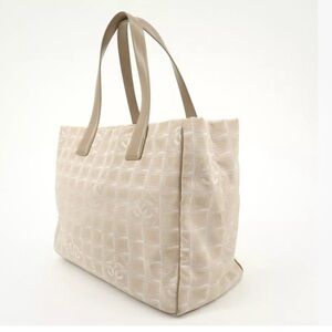 AUTH CHANEL Authentic Travel Line Beige CC Nylon Leather Tote Bag Neutral Purse